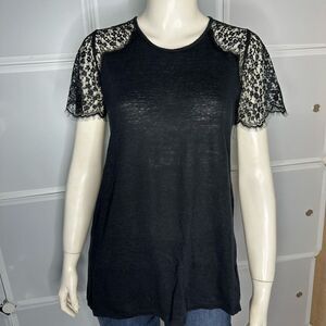 A Pea In The Pod Maternity Black Short Lace Sleeve Linen Blouse Size Small